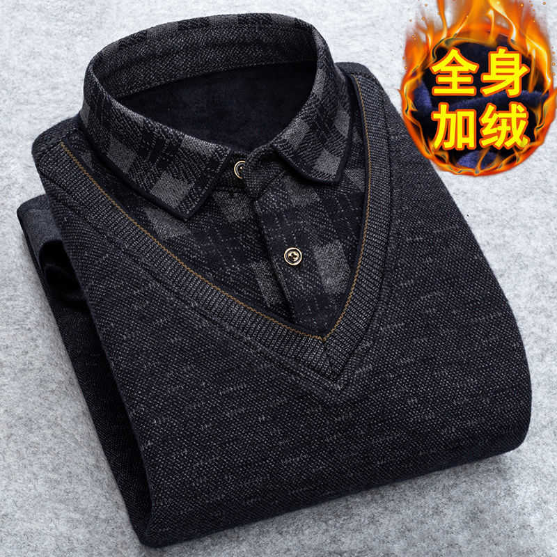 Autumn Winter Man Fleece Shirt-collar Sweater Fashion Grid Solid Thicken Warm Sweater Male Plus Velvet thicken Sweater M-3XL 211008