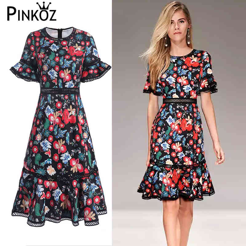 elegant floral printed patchwork hollow out high waist flare short sleeve o-neck summermermaid knee length dresses women 210421