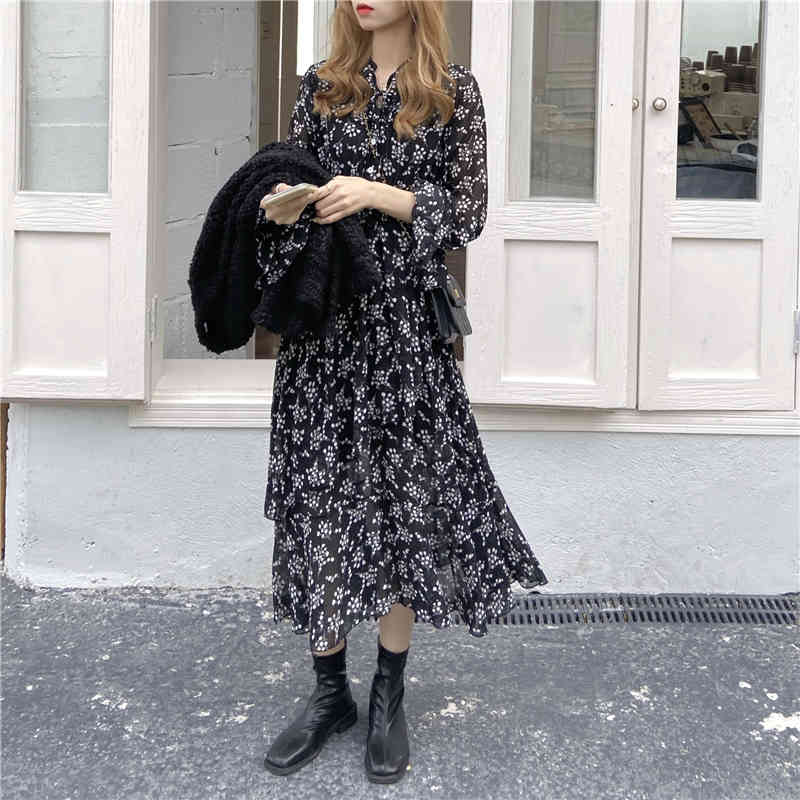 Spring French Style Vintage High Waist Loose Floral Dresses Lady V Neck Ruffle Sleeve Casual Chic Long Dress Women D12701X 210416