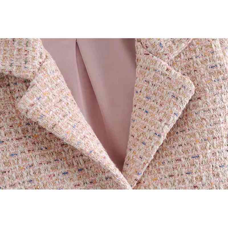 Sexy One Button Pink Weave Tweed Short Women Blazer Cropped Bra collar Spaghetti Strap Mini Dress Suits 2 Pieces Set Vintage 210429