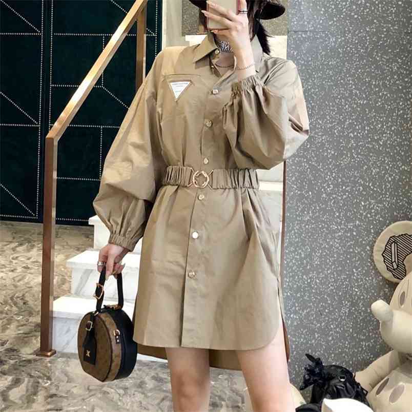 Free Spring Women's Loose Shirt Dress Lapel Lantern Sleeve With Belt Single Breasted Casual Midi Dresses 210524