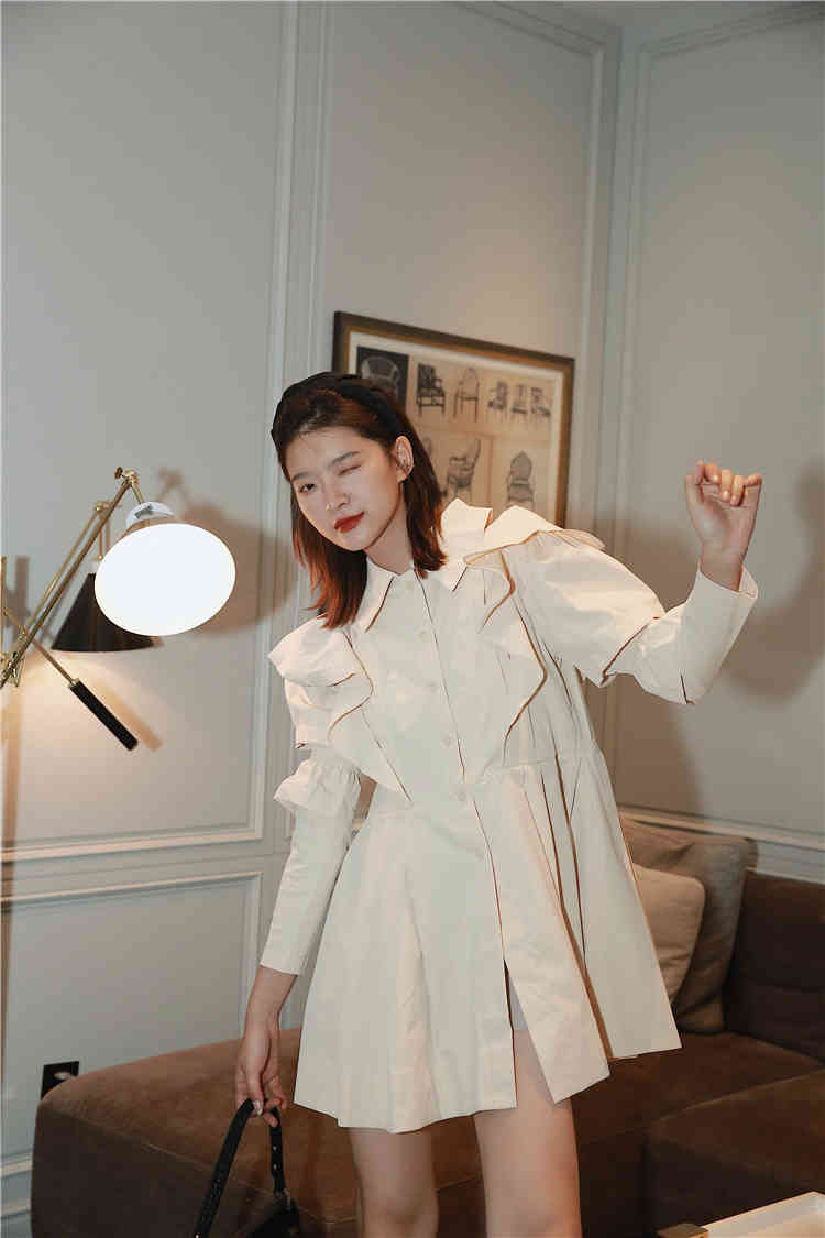 Autumn Ruffle Long Sleeve Shirt Dress Women Beige Button Up Collar Mini Tunic Puff Fashion 210427