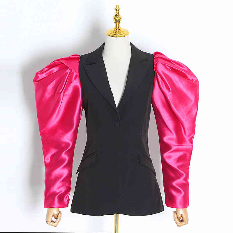 VGH Casual Splicing Women's Blazer Notched Puff Long Sleeve Tunic Hit Color Jacket Female Fashion New Clothing Tide Autumn 210421