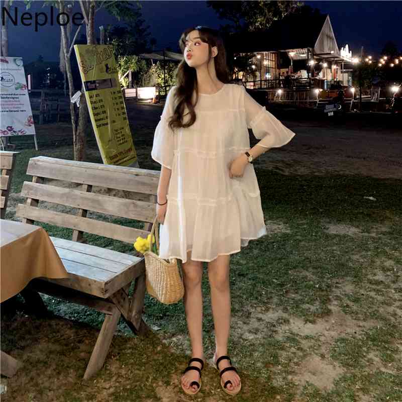 Neploe Japanese Sweet Dresses Women Summer Thin White Vestidos O-neck Short Sleeve Loose Ruffles Robe Korean Fashion Dress 210422