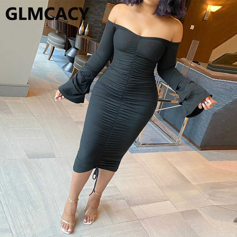 Women Flare Sleeve Off Shoulder Bodycon Dress 210623