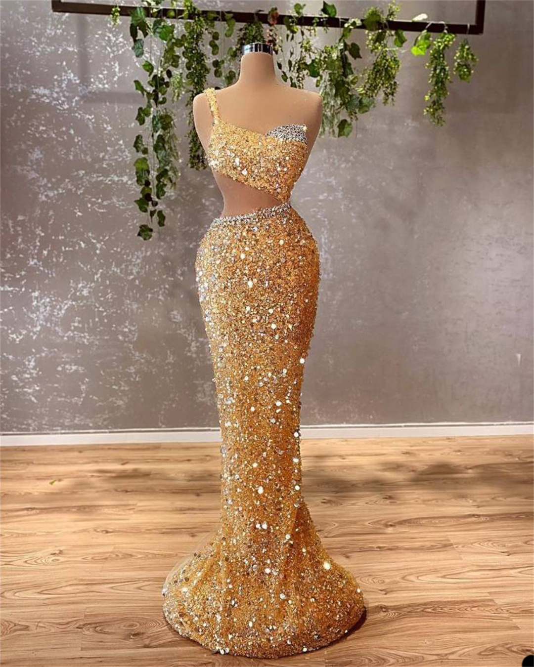 Elegant Yellow Prom Dresses One Shoulder Spaghetti Straps Evening Dress Custom Made Sequins Beading Floor Length Sweep Train Celebrity Party Gown
