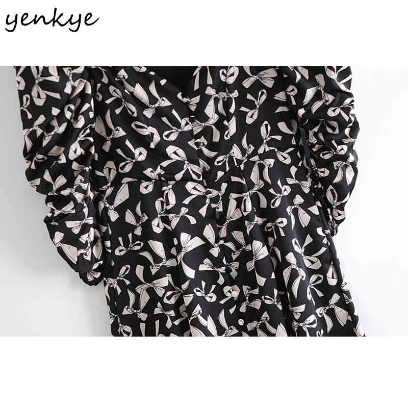 YENKYE Fashion Women Bow Pattern Print Long Maxi Dress Elegant Lady Sexy V Neck Puff Sleeve Draped Spring Dress Robe Longue 210515