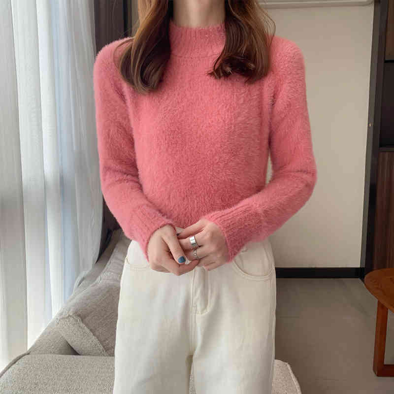 Comelsexy Turtleneck Warm Knitted Sweaters Womens Korean Style Sweet Mink Cashmere Pullovers Woman Gentle Casual Tops 210515
