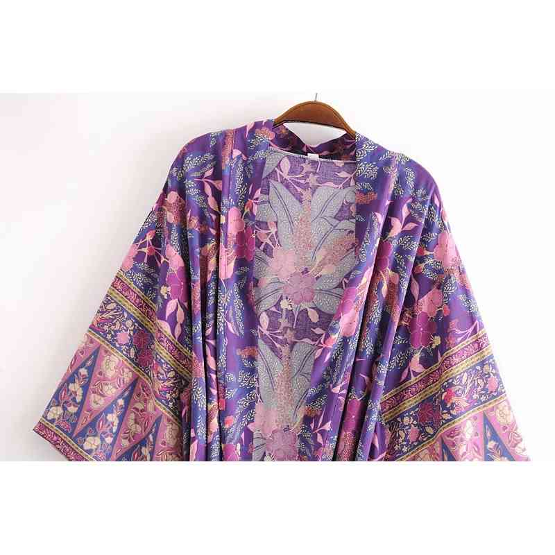 Bohemia V neck Celosia Flower Print Long Kimono Shirt Purple Ethnic Women Lacing up Bow Sashes Cardigan Loose Blouse Tops 210429