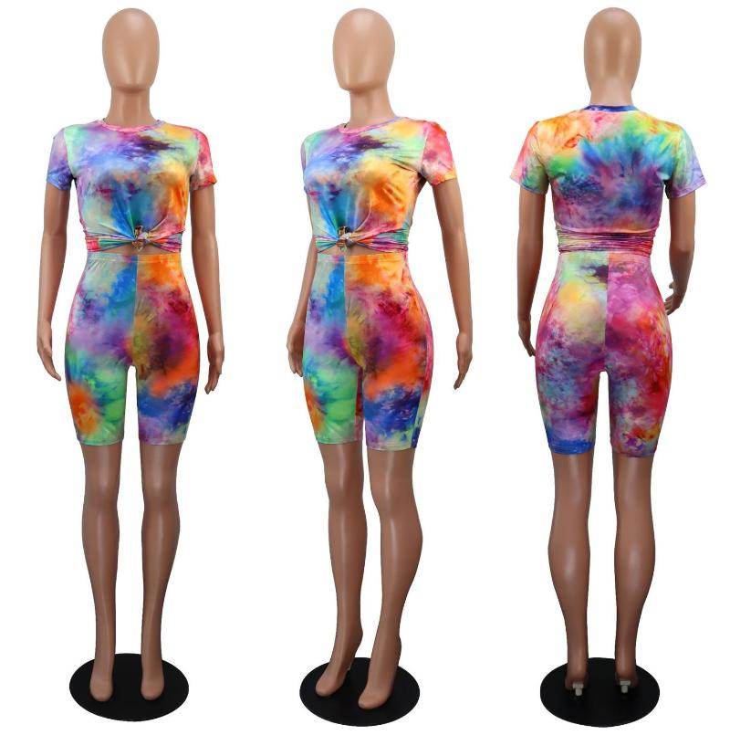 Sexy Two Piece Set Summer Workout Outfit For Women Rainbow Tie-Dye Print Top Hollow Skinny Biker Shorts Lounge Wear Sweat Suits Dress