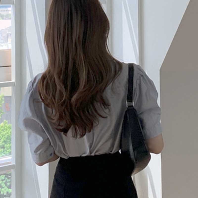 Korean Sweet Bow Tie Blouse Women Puff Sleeve Turn-down Collar Shirt Summer Fashion Blusas Mujer De Moda 6J464 210603