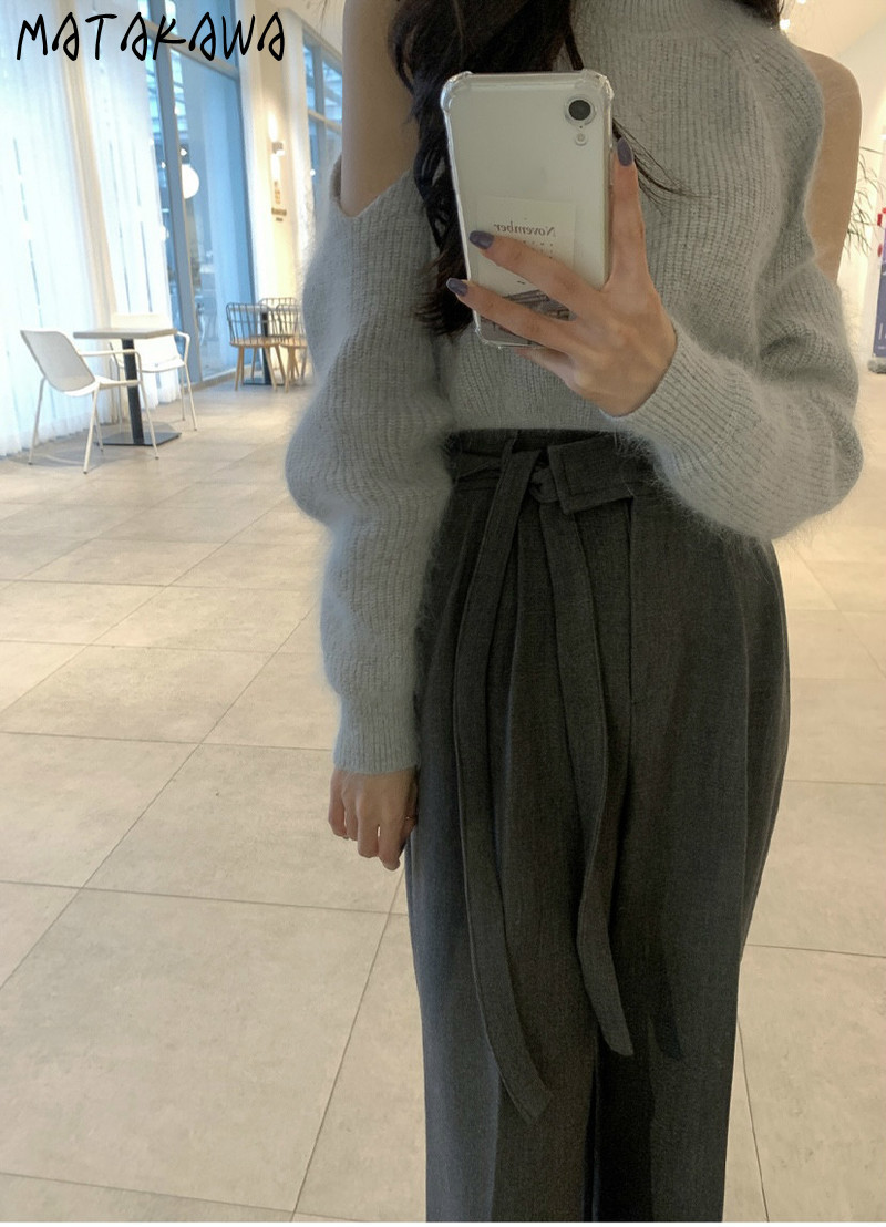 MATAKAWA Korean Spring Turtleneck Strapless Woman Sweaters Wild Mohair Long-sleeved Pullover Knitted Sweater Women 210513