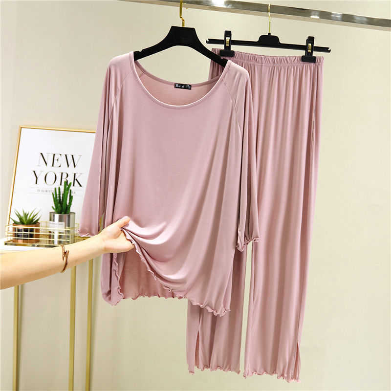 Women's Modal Pajamas Sex Sleepwear Set Top Women Solid Pajama Set 2Piece/Suit Full Sleeves Shirt Pant Lingerie Mom Homewear 210924
