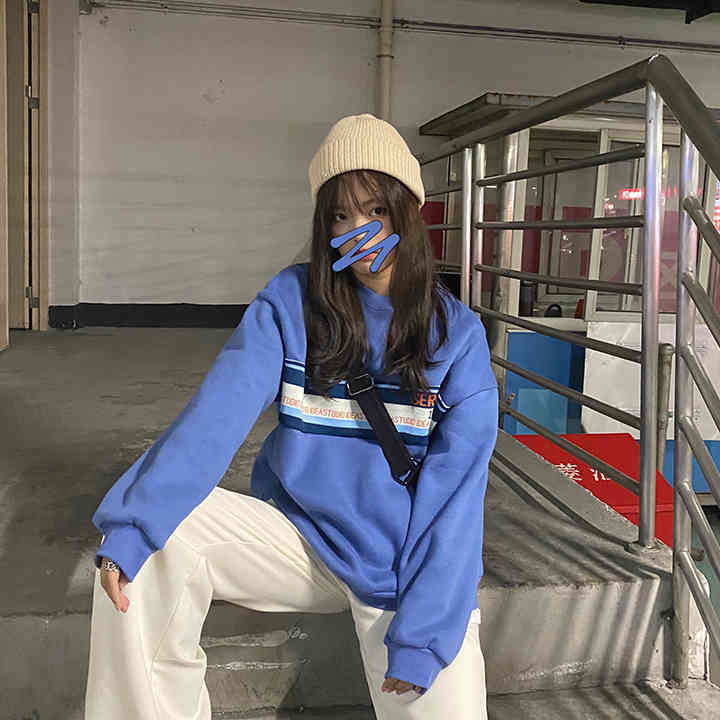 2 colors autumn winter korean style Women Sweatshirts Long Sleeve letter patch thick Sweatshirt Womens pullovers ( F4120) 210423