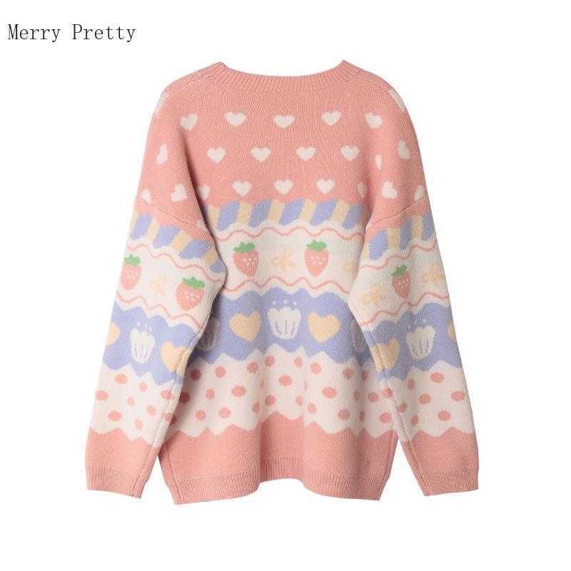 Pink Cartoon Strawberry Embroidery Sweaters Sweet Style Knitted Pullovers Women Winter Thick Warm Sweater Jumpers Girls Top 211018