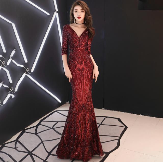 Emerald Green Mermaid Evening Dresses with Half Sleeve Sequins Applique Lace Real Image Prom Party Gown robe de soirée femme