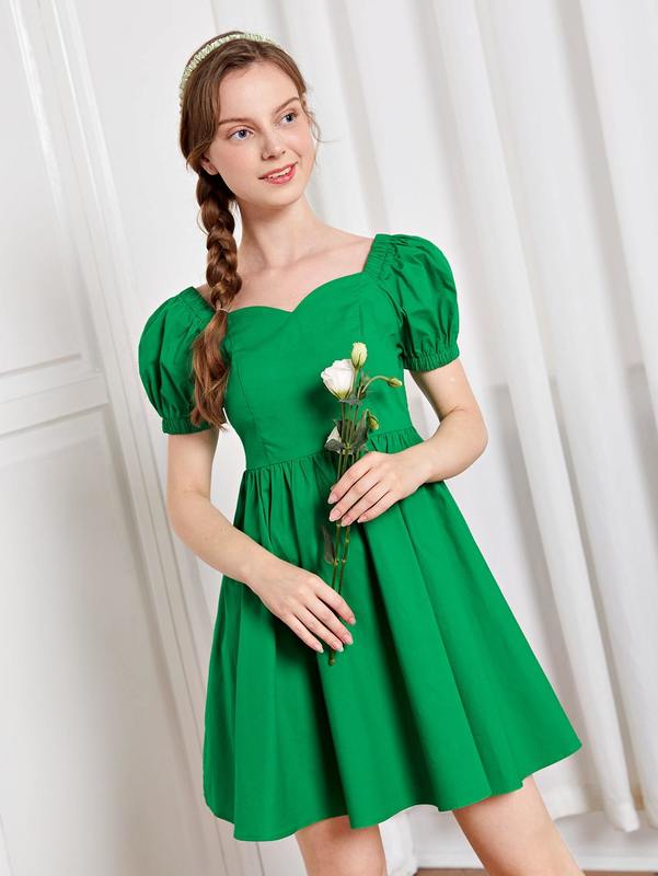 Teen Girls Sweetheart Collar Puff Sleeve Dress SHE