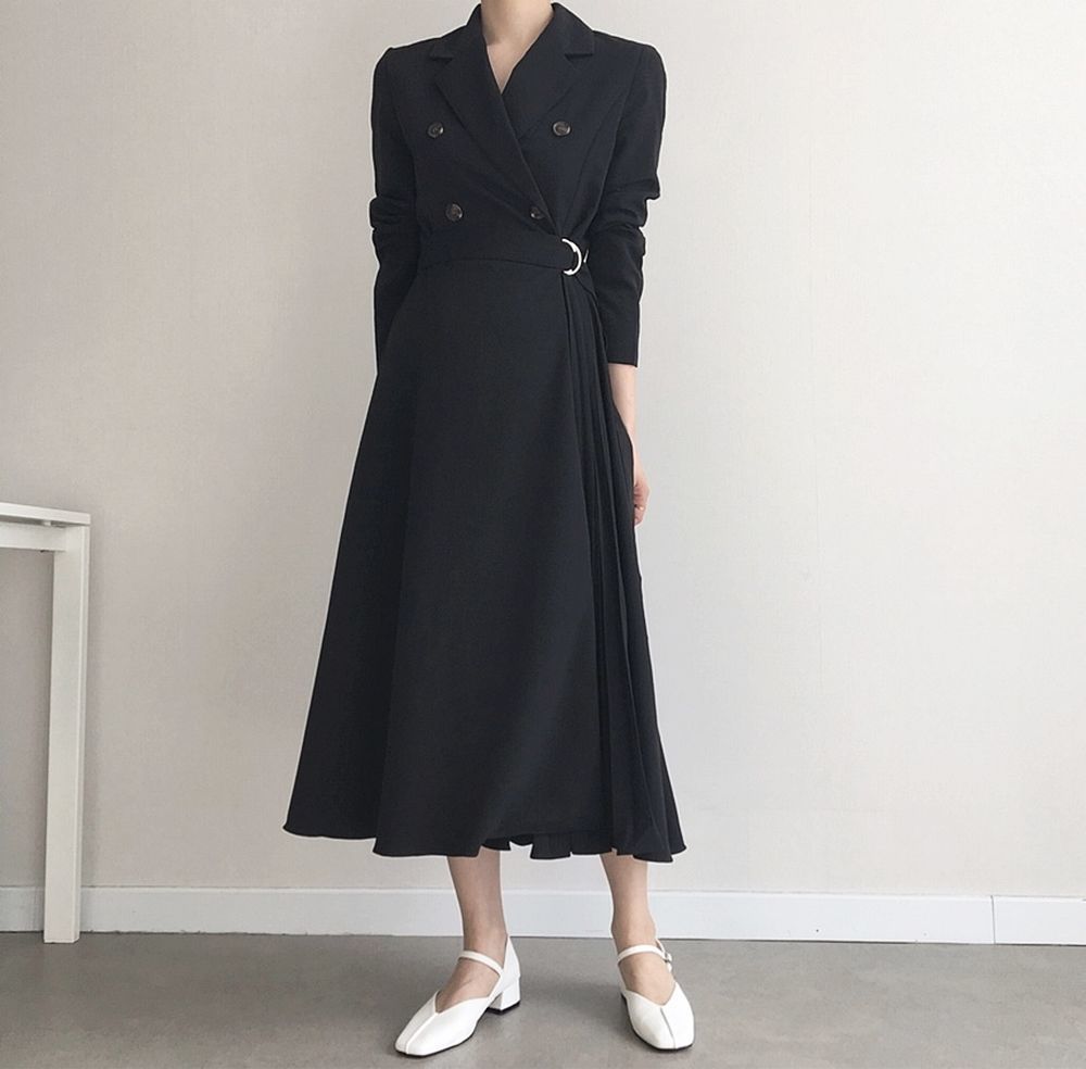 Office Lady Minimalist Autumn Dress Women Long Sleeve Double-breasted Suit Collar Fashion Solid Dresses 210421