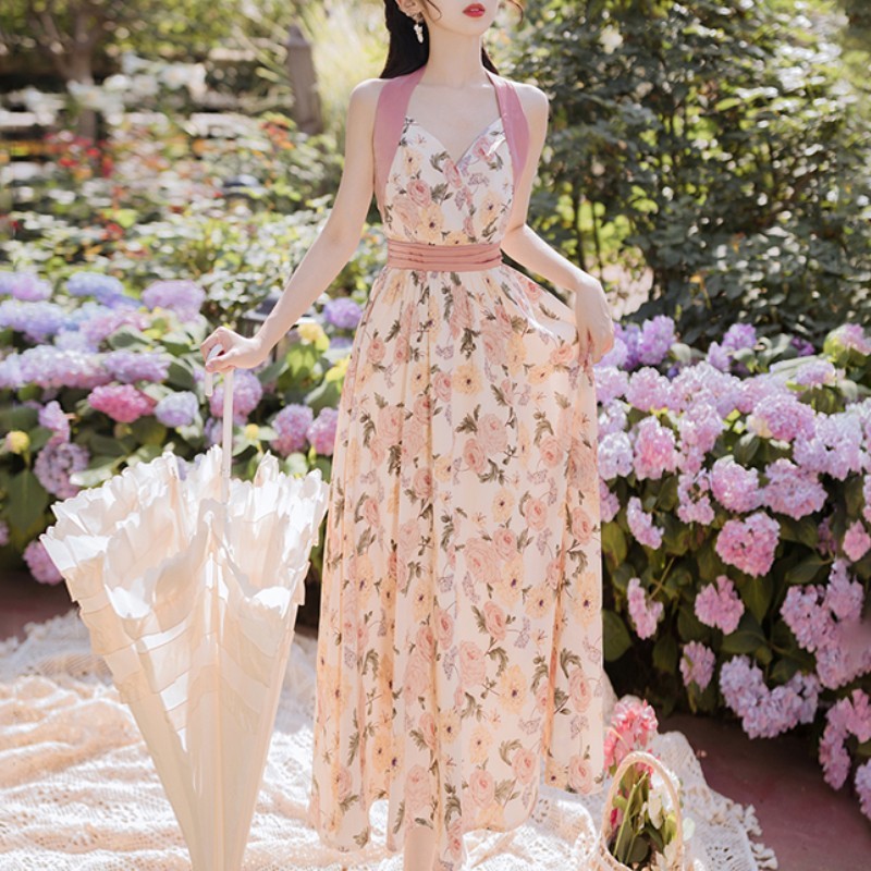 Summer Sweet Flower Print Chiffon Party Dress Women Sexy Halter High Waist Slim Big Swing Beach Long Vestidos 210519