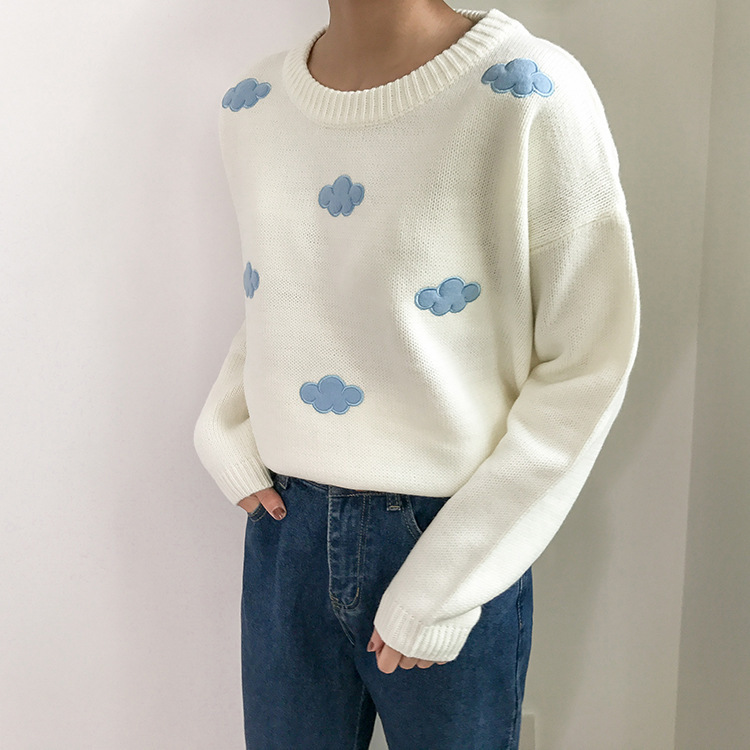Spring Loose Clouds pink kawaii sweater women pullover casual O-Neck Long Sleeve knitted korean winter clothes 210521