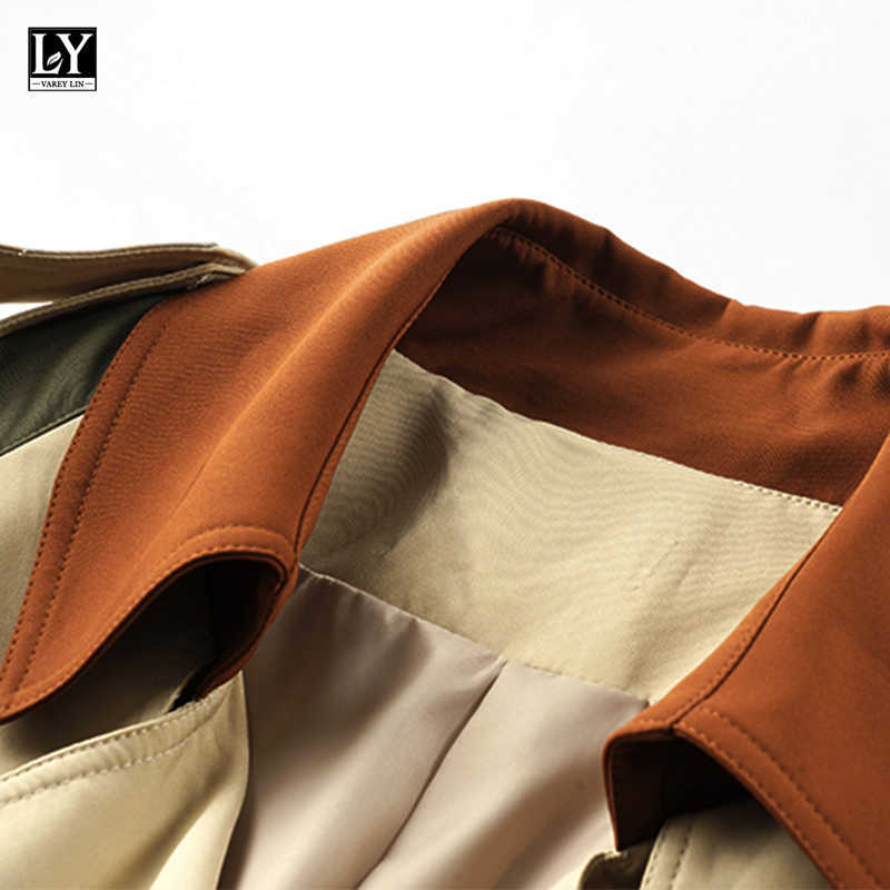 LY VAREY LIN Spring Autumn Women Color Contrast Adjustable Waist Long Sleeve Trench Elegant Double-breasted Coat 210526