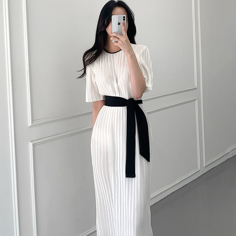Korean Chic Women Dress Office Ladies Casual Pleated Short Sleeve Dresses Bandage Lacing Bow OL Vestidos Femme Elegante 210506