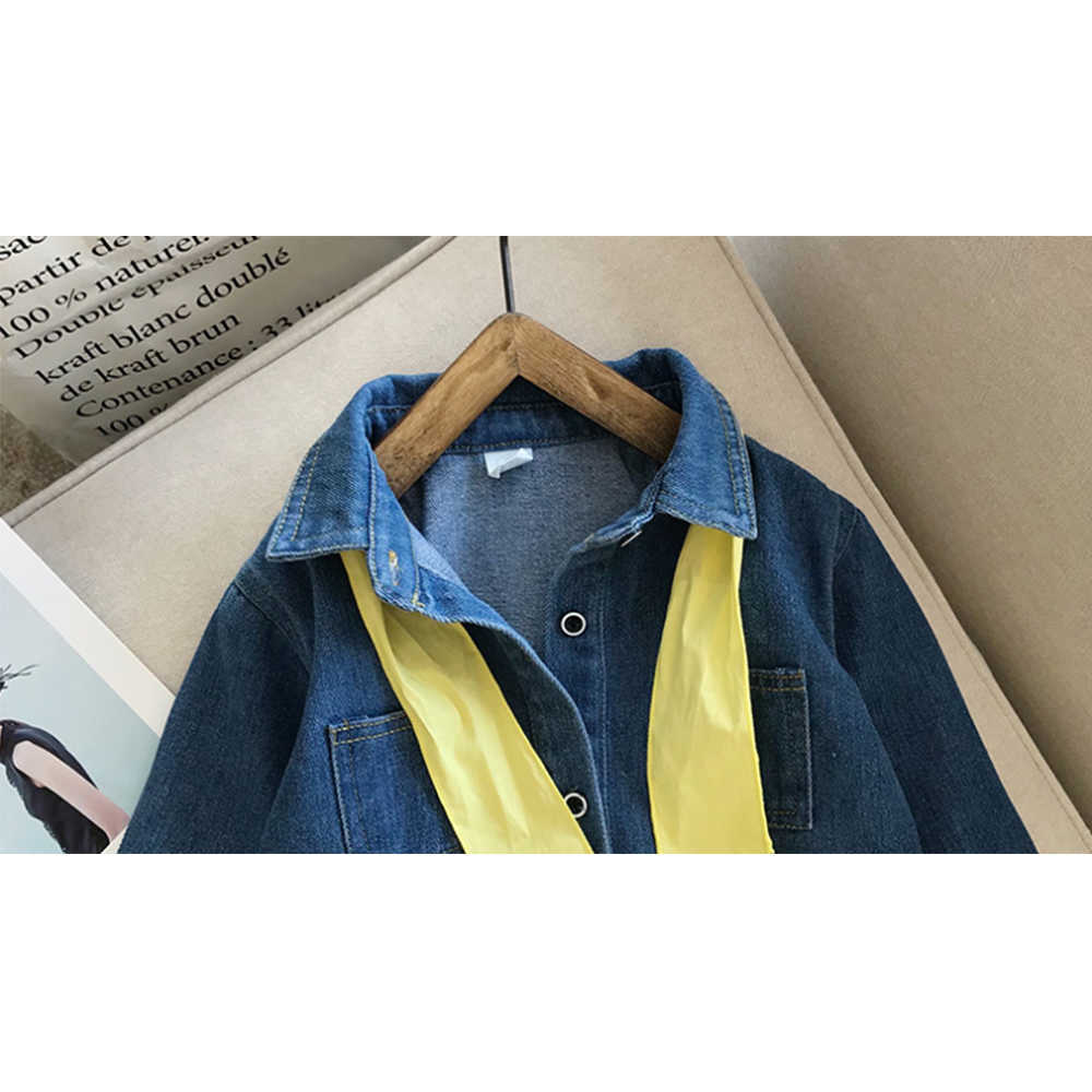 Mudkingdom Girls Denim Dress Toddler Kids Baby Long Sleeve with Yellow Tie Children Clothes 210615