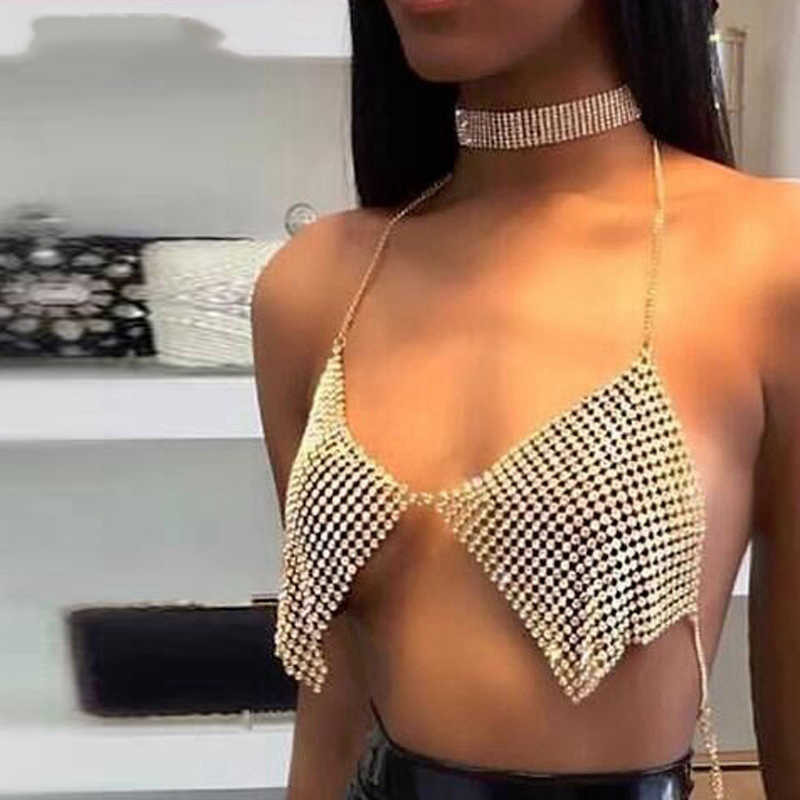 Bling Silver Gold Rhinestones Halter Bra Crop Top Women Sexy Backless Deep V Neck See Through Summer Beach Tank Tops 210607