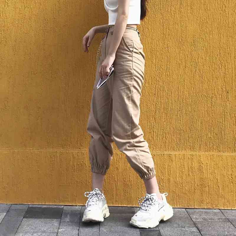 vintage chain black cargo pants women high waist joggers baggy trousers streetwear plus size 210521