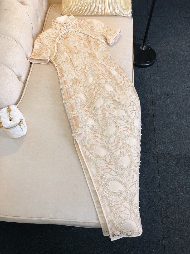 Spring Autumn Short Sleeve Haute Couture Applique Beading Buttons Dress Chinese Elegant Cheongsam Dress 21G241718