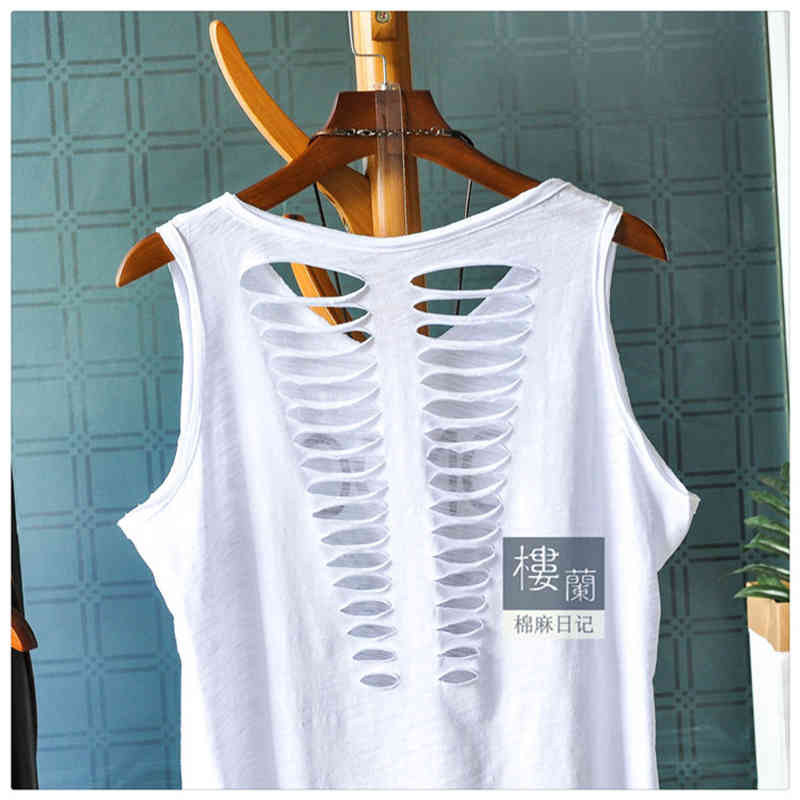 Arrival Summer Korea Fashion Women Sleeveless Loose V Neck Top Back Hole 100 Cotton Letter Print Casual Tank Tops M35 210512