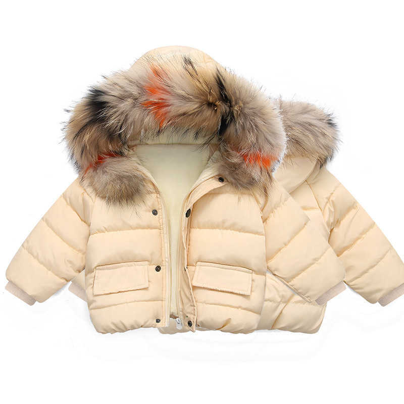 kids winter plus velvet real fur collar down coat with hoodie Christmas cotton outwear girls boys warm stuffed padded children design