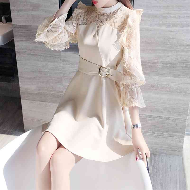 Spring New Dress Women Korean Office Ladies Elegant Ruffles Dress A-line Long Sleeve Lace Sexy Dress Vestidos Female 210409