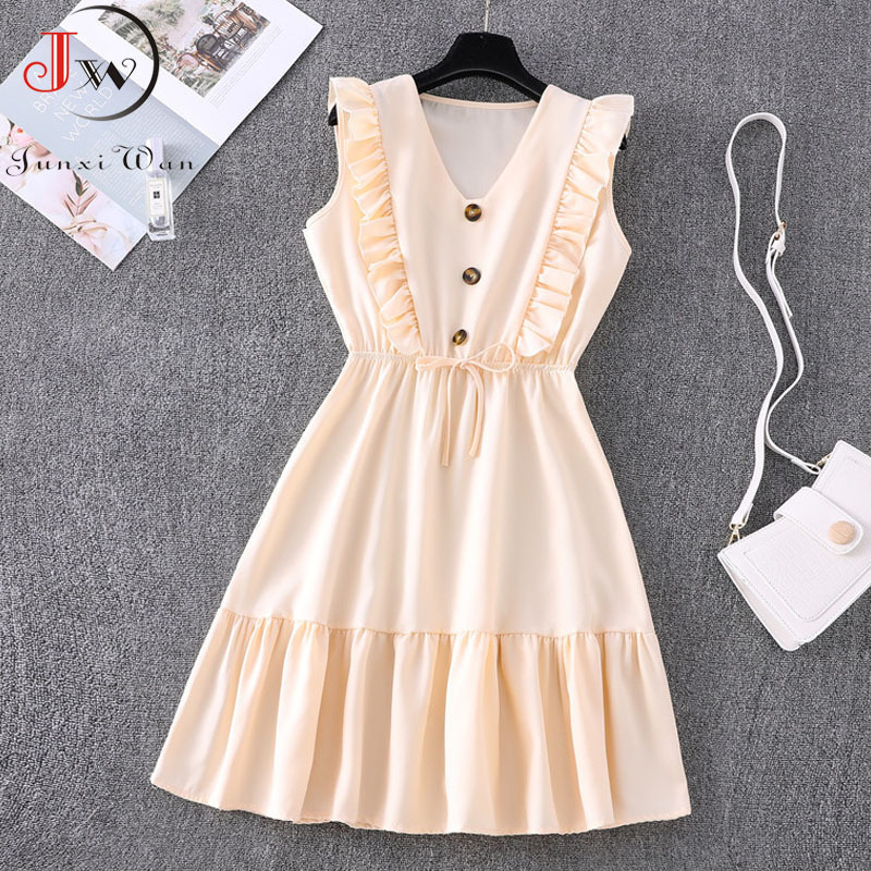 Women Summer Dress Fashion Solid V neck Ruffles Sleeve Elegant Party Dresses Vintage Beach Sundress Streetwear Outfits 210331