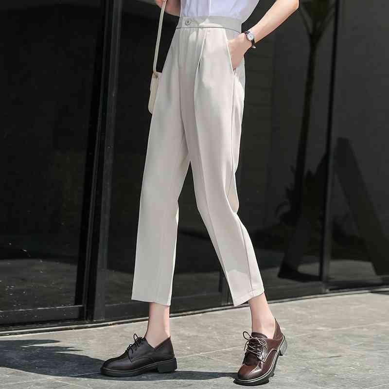High-waisted Suit Pants Women's Summer White Nine-Point Straight Casual Loose Harron Small Woman Clothes 908D 210420