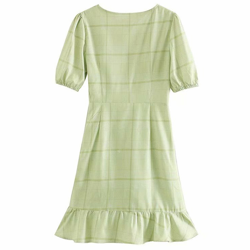 Plaid Pleated V-Neck Tie Summer Fishtail Haruku Dress Beach Vacation