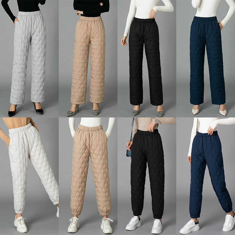 Women Winter Warm Down Cotton Pants Padded Quilted Trousers Elastic Waist Casual Trousers 211008