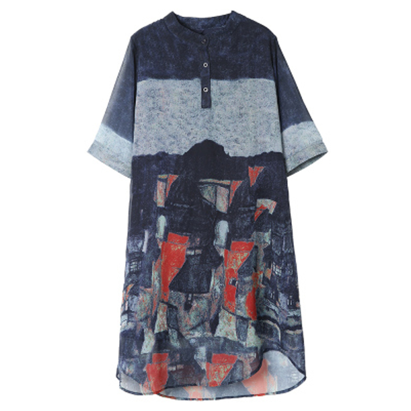 Plus Size A-Line Patchwork Women Spring Summer Short Sleeve Printing Ladies Loose Midi Shirt Dress D0D325N 210416