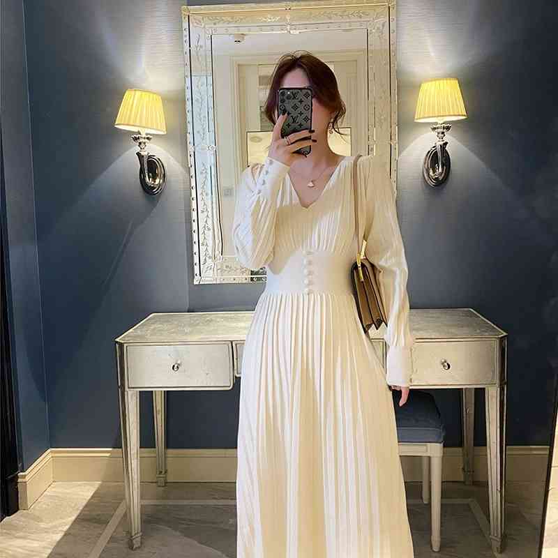 Winter Knitted Dress Women Casual Long Sleeve Office Sweater Dress Female V-neck Button Korean Style Autumn Chic 210521