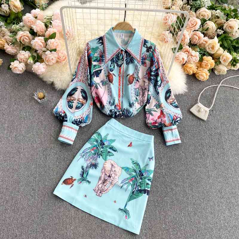 Spring Lapel Puff Sleeve Shirt + High Waist Slim Skirt Retro Print Set 210708