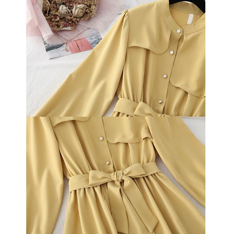 Solid Color Elegant Dress Women O-Neck Long Sleeve Buttons Bandage Dresses Spring A-line Office Ladies Midi Dress Vestido 210521