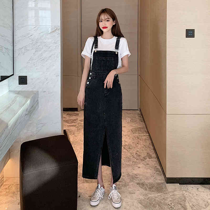 Fashion Streetweaer Vintage Button Denim Spaghetti Strap For Women Summer High Waist Split Elegant Dress 210515