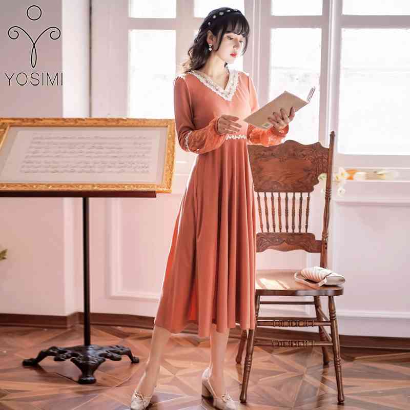 YOSIMI Long Women Dress Midi Spring Orange Patchwork White Embroidery V-neck Mid-calf A-line Lace Sleeve Elegant 210604
YOSIMI Long Women Dress Midi Spring Orange Patchwork White Embroidery V-neck Mid-calf A-line Lace Sleeve Elegant 210604
