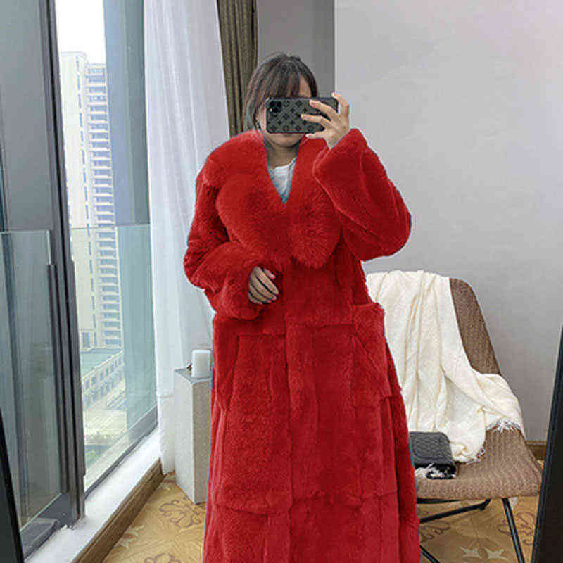 Plus Size 5xl Winter Coat Women Fashion Belt X Long V Neck Thick Warm Faux Fur Winter Coats for Women B051 211123