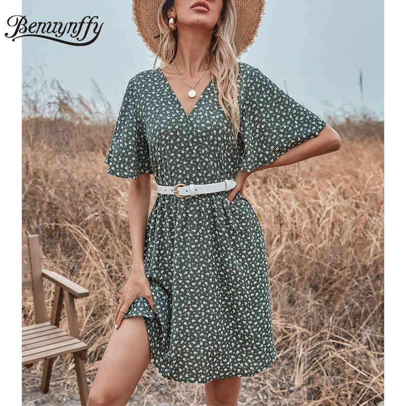 Surplice Neck Print High Waist Dresses Summer Short Sleeve Fashion Women Sweet Casual A-Line Mini Dress No Belt 210510