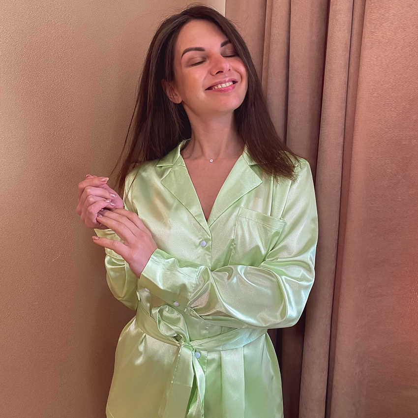 HECHAN Green Khaki Women Sleepwear With Sashes Loose Long Sleeve Pocket Satin Pajamas Female Pants Solid Nightgown Home Suit 210924