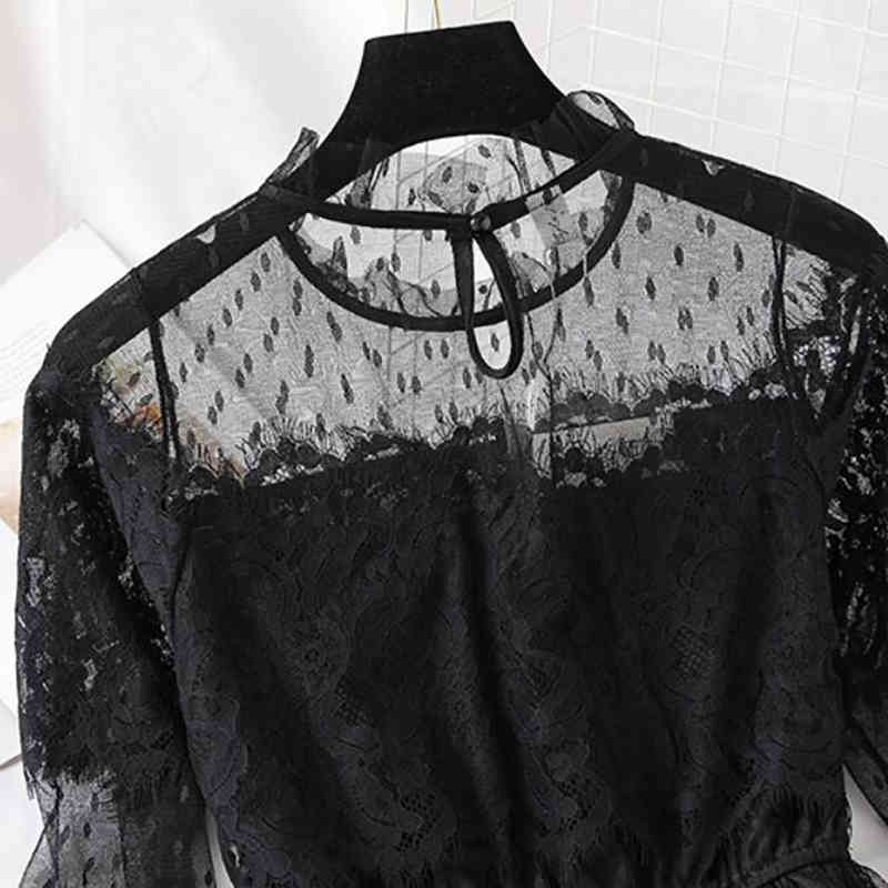 Black White Lace Dress Party Women Elegant Cake Lotus Leaf Collar Midi Fairy Mesh Dresses Elastic Waist Spring Summer Vestidos 210521