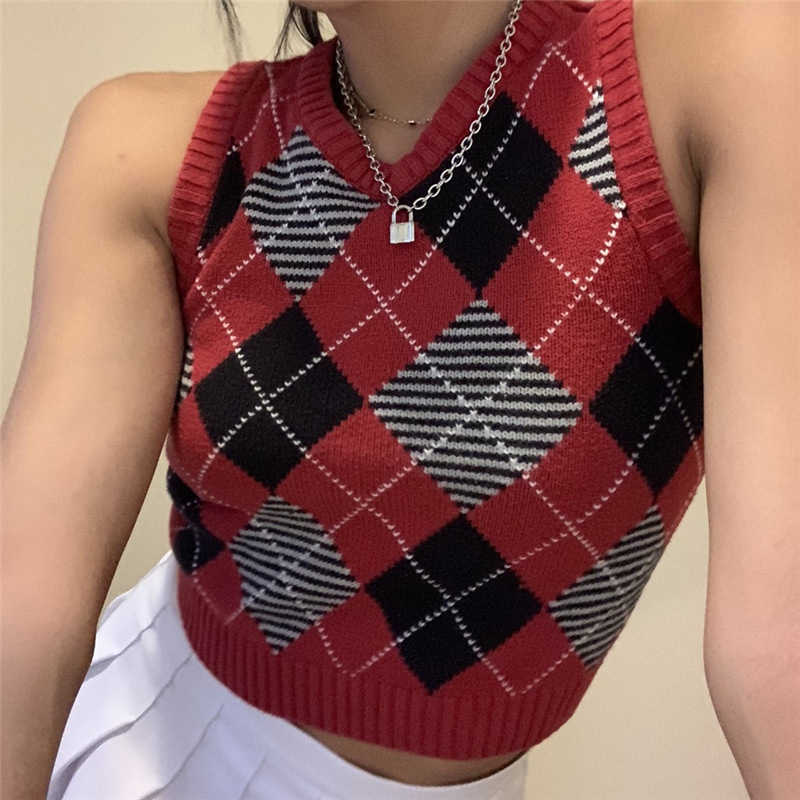 Colete Feminino Summer Women est Sleeveless V-neck Plaid Knitted Vest for Teens Girls Casual Crew Neck Tops Veste Sans Manche 210604