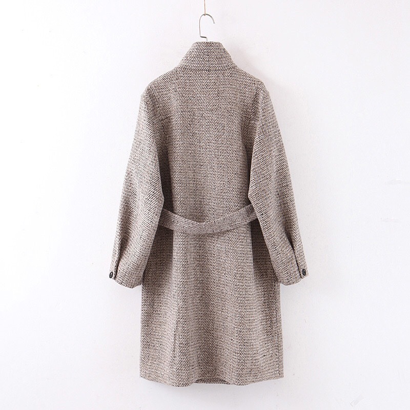 Winter Check Plaid Woolen Blends Coat Women Single-Breasted Button Stand Collar Long Sleeve Knee Length OL Trench Outerwear 210429