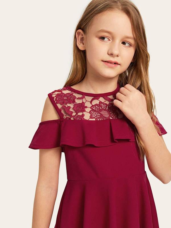 Girls Guipure Lace Cold Shoulder Ruffle Trim Dress SHE